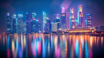 Fototapeta premium Modern skyscrapers gleam with artificial light under a colorful night sky fireworks illuminate the scene with their reflections mirrored in the river. 