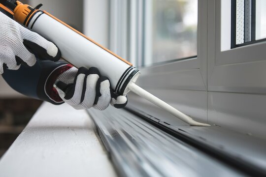 hand apply caulk gun on window frame for air tight