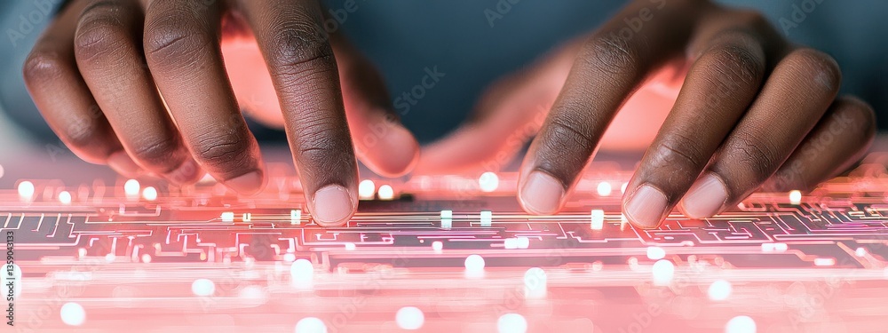 Poster hands typing on digital keyboard with futuristic circuit design