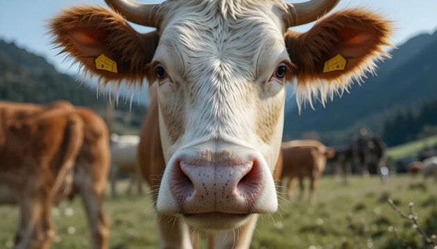 Close-Up Portrait of a Brown and White Cow in a Green Pasture