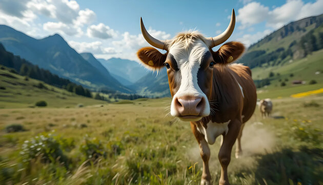 Closeup of Brown and White Cow in Sunny Mountain Pasture