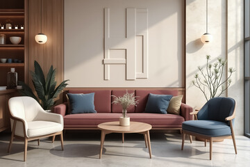 maroon sofa and two armchairs in a sunlit living room with wooden furniture and soft colors
