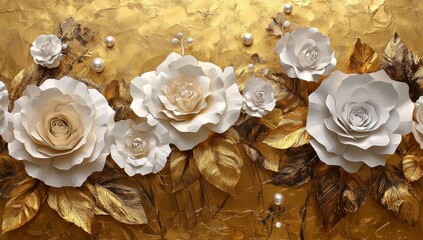 Elegant white paper roses on a gold textured background