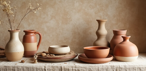 collection of earthy-toned ceramic vases and bowls in rustic setting