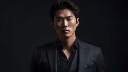 Asian Man in Black Suit  Portrait  Serious Expression