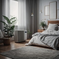 A stylish electronic air conditioner releasing smooth cold wind waves, maintaining climate control in a minimalist bedroom.


