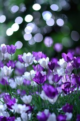 violet and white flowers in the garden with bokeh