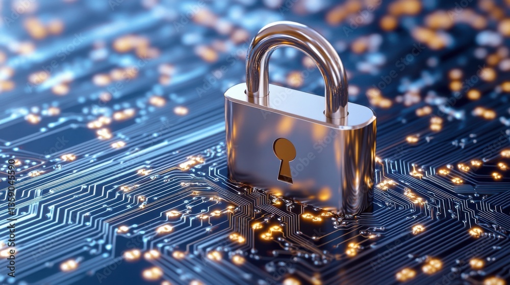 Poster Silver Padlock on Circuit Board Background with Digital Pattern Design