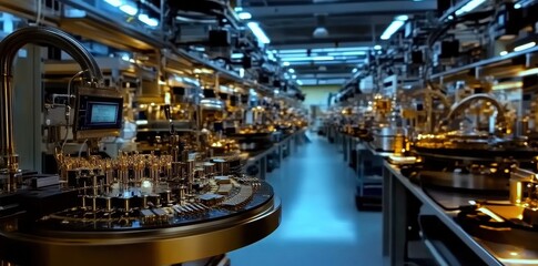 Fototapeta premium Wide shot of a semiconductor showcasing intricate details and advanced technology in a cleanroom environment.