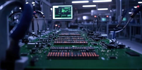 Obraz premium Wide shot of a semiconductor showcasing intricate details and advanced technology in a cleanroom environment.
