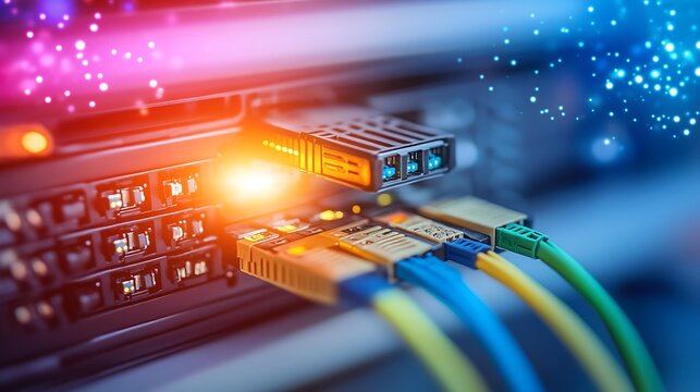 Network server with fiber optic cables.