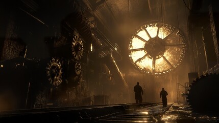 Steam-powered foundry glowing casting molds on conveyor belts gears grinding workers silhouetted in the intense light.  