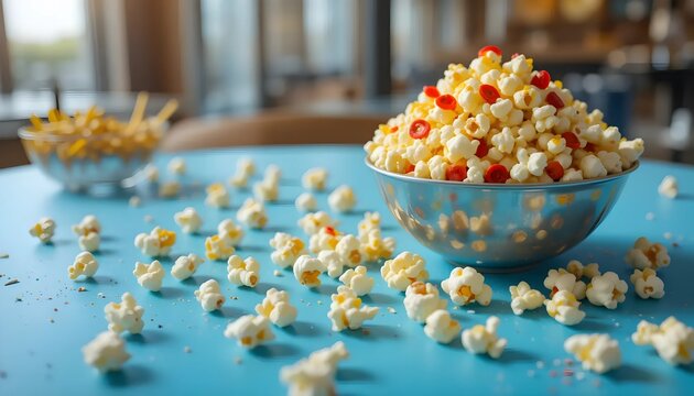 Popcorn with Red Pepper Flakes in a Metal Bowl on a Blue Table