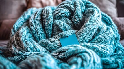 Cozy Turquoise Knitted Blanket Draped Comfortably Over Sofa in a Warm Living Room Setting