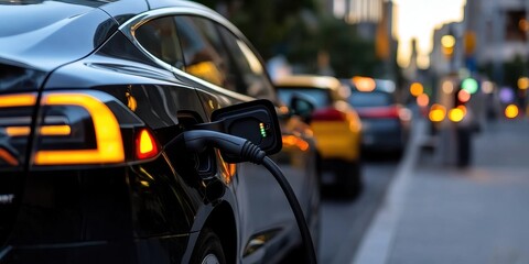 Obraz premium An electric car charging station in a bustling urban environment, showcasing sustainable transportation solutions.