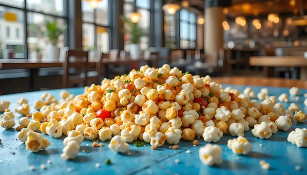 Seasoned Popcorn Pile on Blue Table in Restaurant