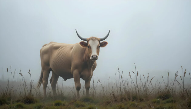 Tan Cow in a Foggy Field