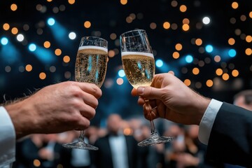 Glamorous evening ceremony with guests enjoying cocktails and celebrating achievements under vibrant blue lights