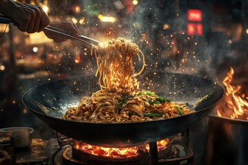 Spicy noodles sizzling in wok.  Hands tossing noodles