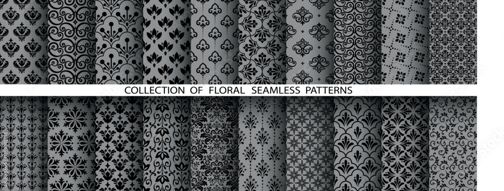 Poster geometric floral set of seamless patterns. gray and black vector backgrounds. damask graphic ornamen