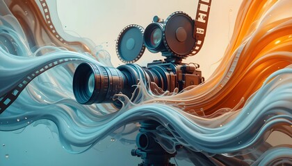 Vintage Movie Camera in Abstract Film Reels