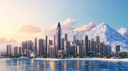 Fototapeta premium Stunning aerial view of modern city skyline by tranquil waters and snow-capped mountains in serene environment