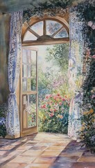 Charming watercolor of a french window with lace curtains framing a sunlit flower garden