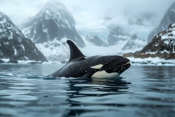 Obraz premium Majestic Killer Whale: Graceful Swim in Cold Arctic Waters Amid Stunning Scenery