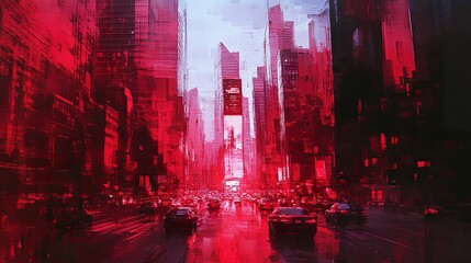 Obraz premium The red light holds firm above busy streets sleek high-rises and reflective windows capturing the essence of a business district in motion. 