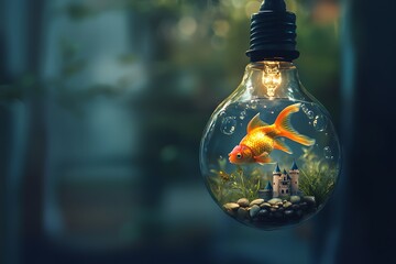 Illuminated Goldfish Swimming Inside a Transparent Lightbulb Aquarium with Miniature Decor