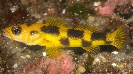 Colorful Yellow and Black Spotted Fish Swimming in Coral Reef Habitat Underwater