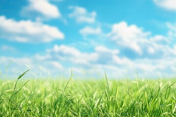 Fototapeta premium Green Grass Meadow with Blue Sky and White Clouds Background