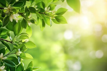 Obraz premium Fresh Green Leaves and Small White Flowers in Natural Sunlight
