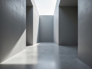 Fototapeta premium A modern minimalist interior with concrete walls and floors. Sunlight casts geometric shadows, creating a serene and sophisticated atmosphere.