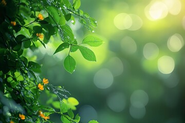 Fresh Green Leaves with Water Droplets and Yellow Flowers Sparkle