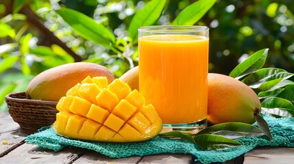 Fresh Mango Juice in a Glass with Sliced Mango and Whole Fruits on a Wooden Table Surrounded by Greenery