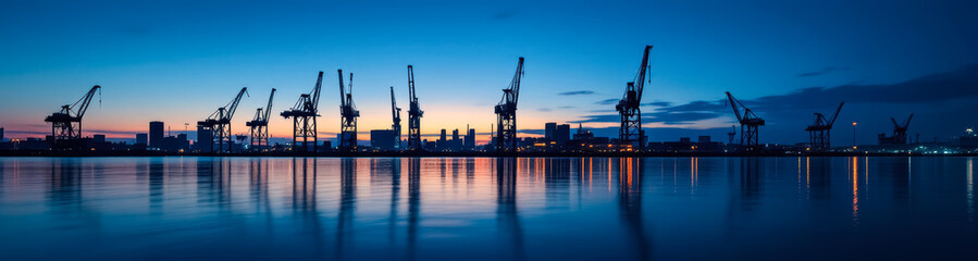 Fototapeta premium silhouetted harbor cranes reflected in calm water at twilight