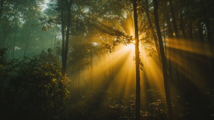Naklejka premium Golden sunlight streams through misty forest canopy