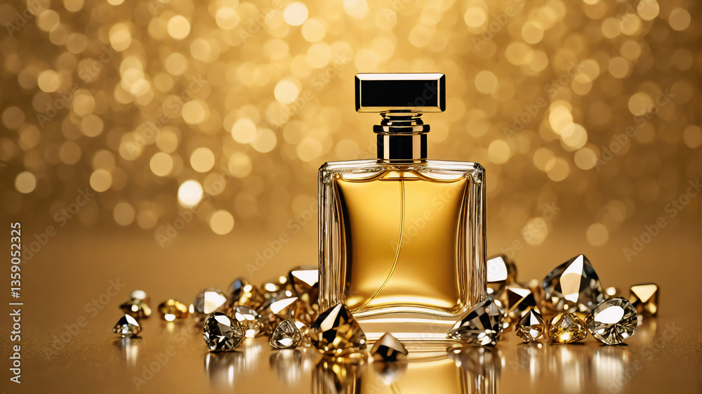 Poster elegant perfume bottle with golden liquid, adorned by sparkling diamonds against a bokeh golden back