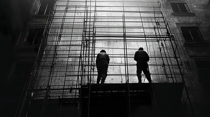 Workers on a building site with scaffolding in place, ready for construction work to begin  