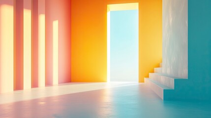 Fototapeta premium Sunlit Empty Room with Pastel Walls and Architectural Staircase Design