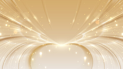 Elegant gold stage backdrop design decorated with glow and bokeh effect, background idea for awards ceremony and luxury style product promotion or marketing.