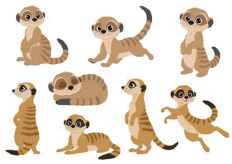 Seven cartoon meerkats in various poses suitable for childrens books, educational materials, and wildlifethemed designs. Cute and versatile illustrations.