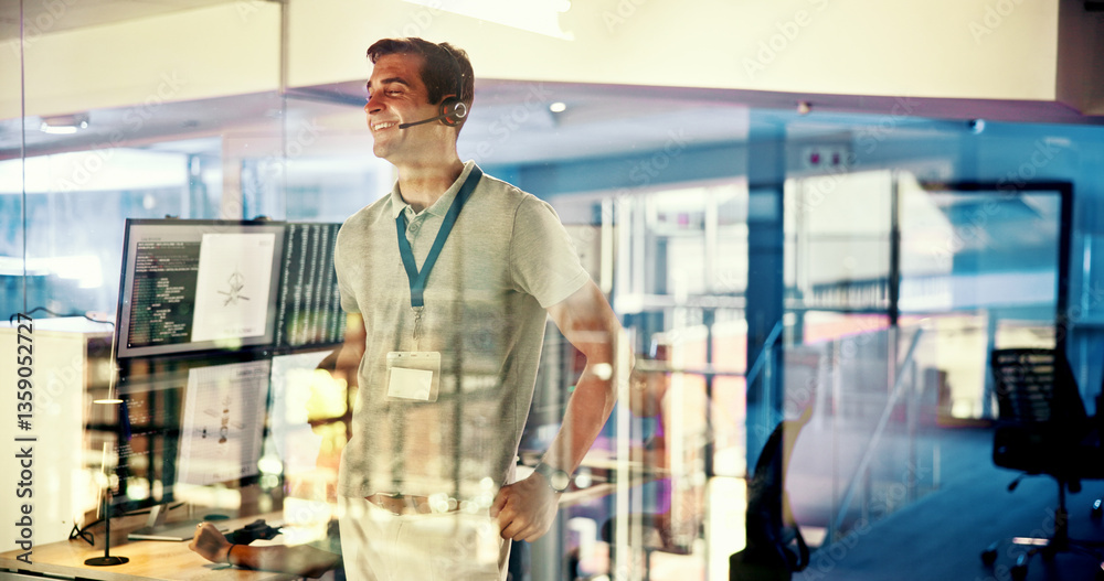 Leinwandbilder control room, headset and smile with man in glass office for communication, safety or weather update