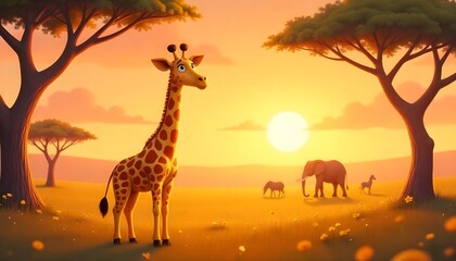 Giraffe Standing Gracefully at Sunset in a Golden Safari Landscape