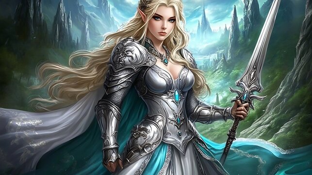 Fairytale elf queen in silver armor holding a long spear.
