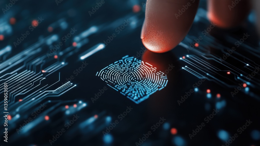 Poster close-up of biometric scanner with fingerprint on digital interface