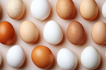 Minimalist overhead shot of white and brown chicken eggs, ideal for food blogs, culinary presentations, or Easter-themed designs.