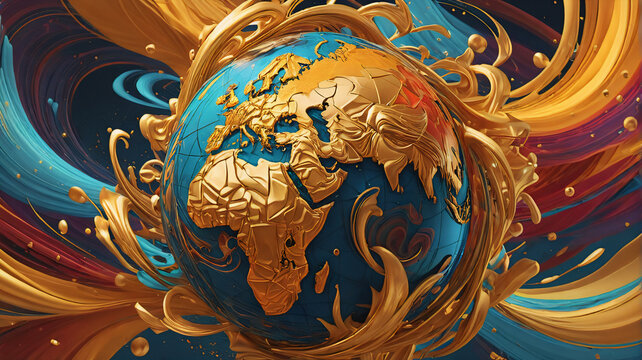 A golden globe with continents is encircled by decorative swirls and vibrant colors creating an artistic and abstract representation of the world.