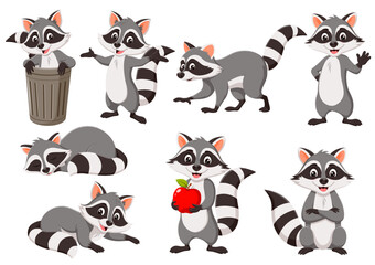Eight cartoon raccoons in different poses. suitable for childrens books, nursery decorations, stickers, and wildlifethemed designs. Engaging and playful.